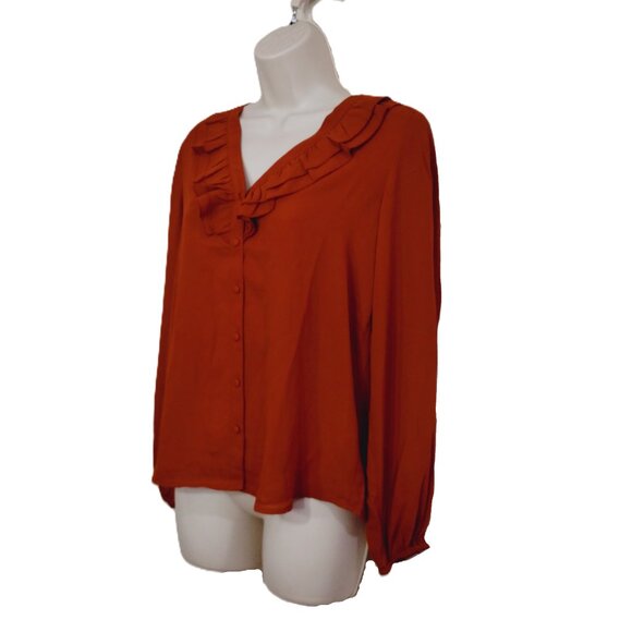Nanette Lepore Blouse Womens Small Brown Long Sleeve V-Neck Ruffle Collar - Picture 3 of 13